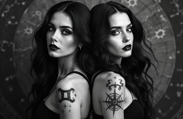 Artistic black, white portrait of twin women featuring Gemini tattoos, celestial map backdrop. Dark hair, dramatic makeup create mystical, dreamlike aura. Composition highlights emotional connection,