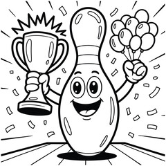 Happy cartoon bowling pin character holding a trophy and balloons celebrating a victory with confetti falling around it