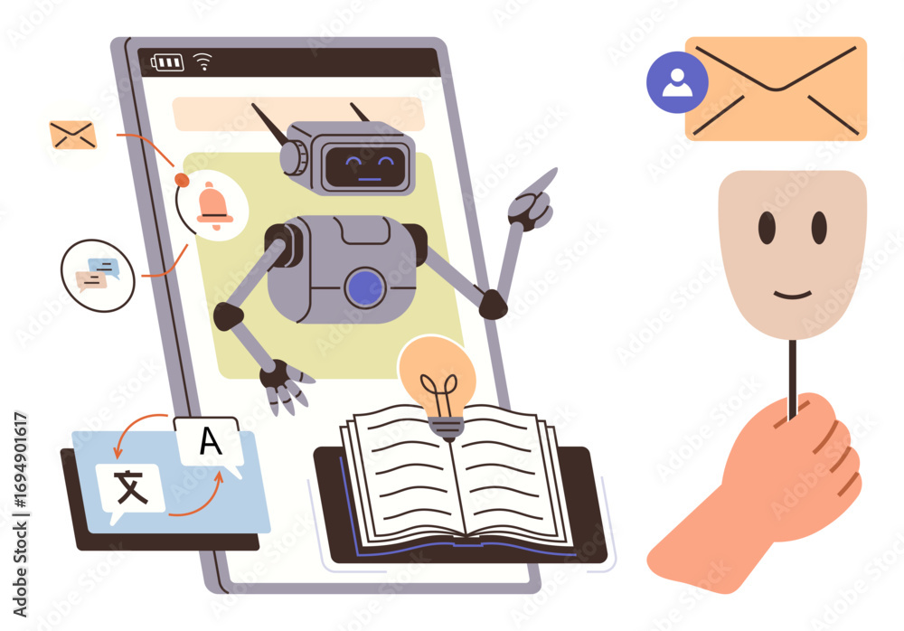 Poster robot on a smartphone screen interacting with tools for language translation, learning, and communic