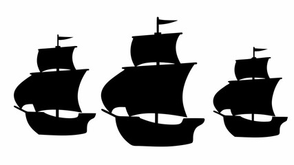 Three black silhouette ships with sails and flags on a white background in a simple graphic style image