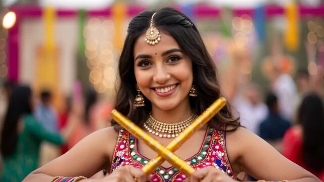 Smiling Indian woman in vibrant traditional attire holding golden dandiya sticks during Navratri outdoor garba festival celebration