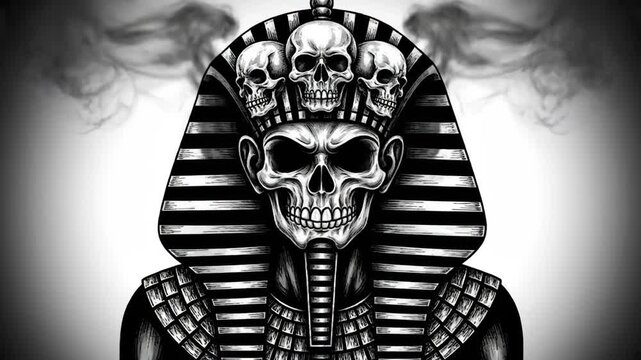 Osiris Skull King Halloween Illustration - Monochrome illustration of an Osiris-like figure, a skull wearing a crown of three skulls and a nemes headdress, with smoke emanating from the sides.