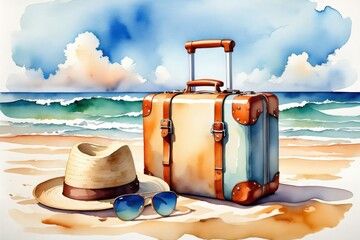 A Vibrant Beach Scene Featuring a Colorful Suitcase, A Stylish Hat, and Sunglasses Set Against a Gorgeous Ocean Background