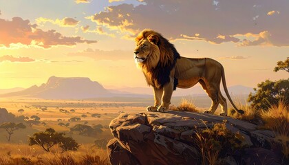 Majestic lion stands sentinel on a rocky outcrop, overlooking a vast savanna landscape at sunrise.