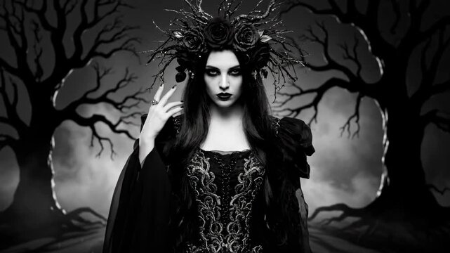 Black and White Persephone Halloween Queen - A monochrome portrait of a woman in a gothic-inspired costume, resembling Persephone, the queen of the underworld.