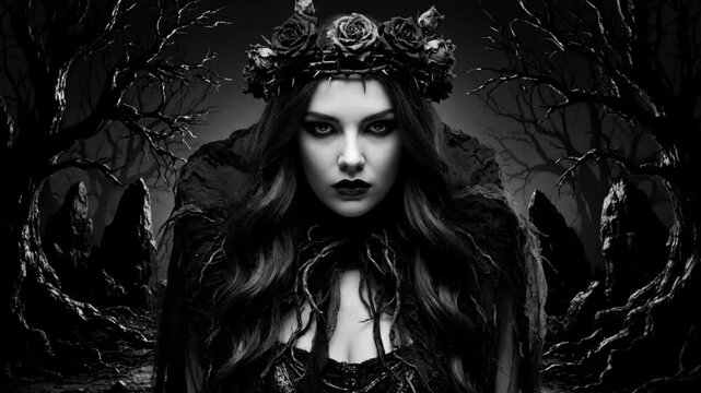 Black and White Persephone Halloween Queen - A monochromatic portrait of a woman styled as Persephone, the queen of the underworld, adorned with a crown of black roses.
