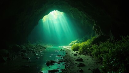 Submerged cave passage illuminated by natural light beams penetrating dark water. Rocky, green shore with rich vegetation. Underwater tunnel with glowing brilliance, suggesting mystery and depth.
