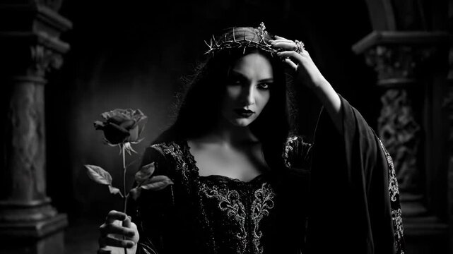 Black and White Persephone Halloween Queen - A monochromatic portrait of a woman dressed as Persephone, the queen of the underworld, for Halloween.