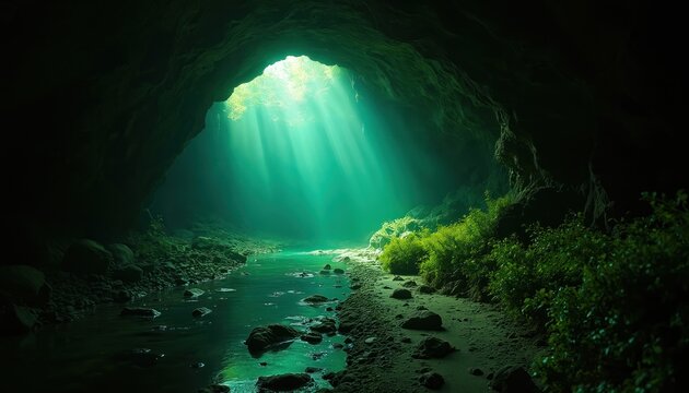 Submerged cave passage illuminated by natural light beams penetrating dark water. Rocky, green shore with rich vegetation. Underwater tunnel with glowing brilliance, suggesting mystery and depth.