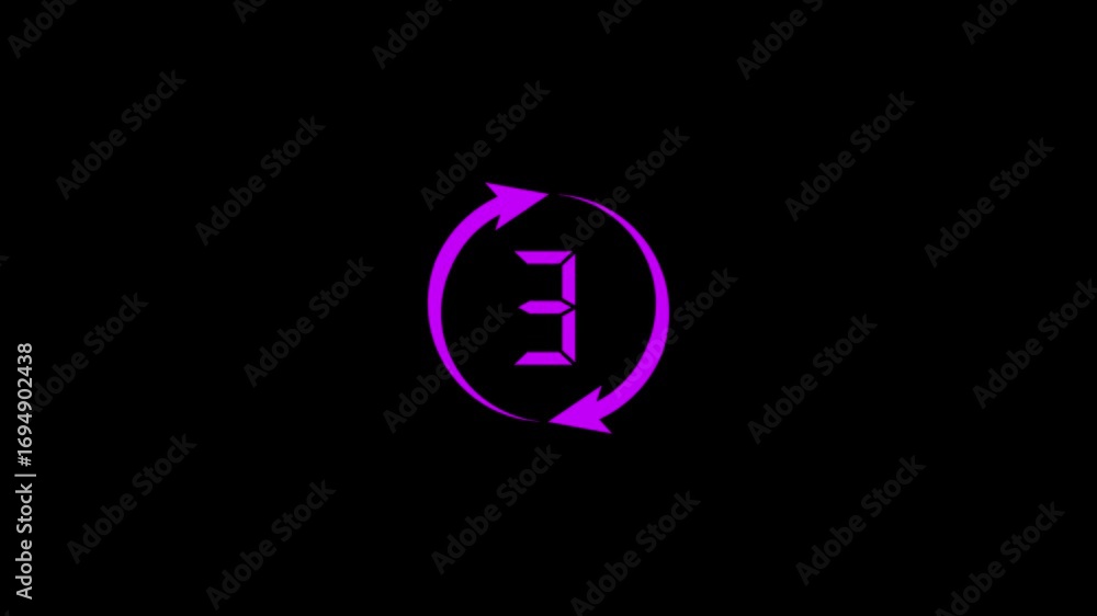 Poster digital number counting three to zero inside a circular arrow symbol on a black background