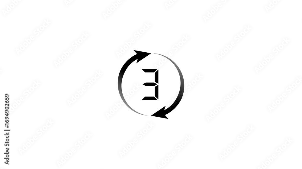 Poster digital number counting three to zero inside a circular arrow symbol representing refresh or repeat 