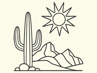 Naklejka premium MobilDesert Landscape Line Art Vector – Cactus, Sun, and Mountain Illustration in Minimal Outline Style – Perfect for Nature, Travel, Western, or Boho Graphic and Logo Design Projects.
