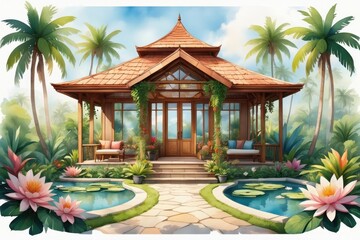 A Tranquil Garden Retreat: A Beautifully Designed Pavilion Surrounded by Lush Greenery, Blossoming Water Lilies, and Tropical Palm Trees