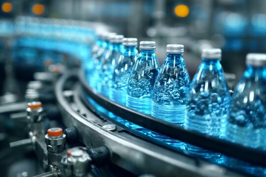 Rows of blue illuminated sparkling water bottles on a conveyor belt in an industrial bottling plant