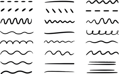 Set of hand drawn abstract wavy and straight lines on white background