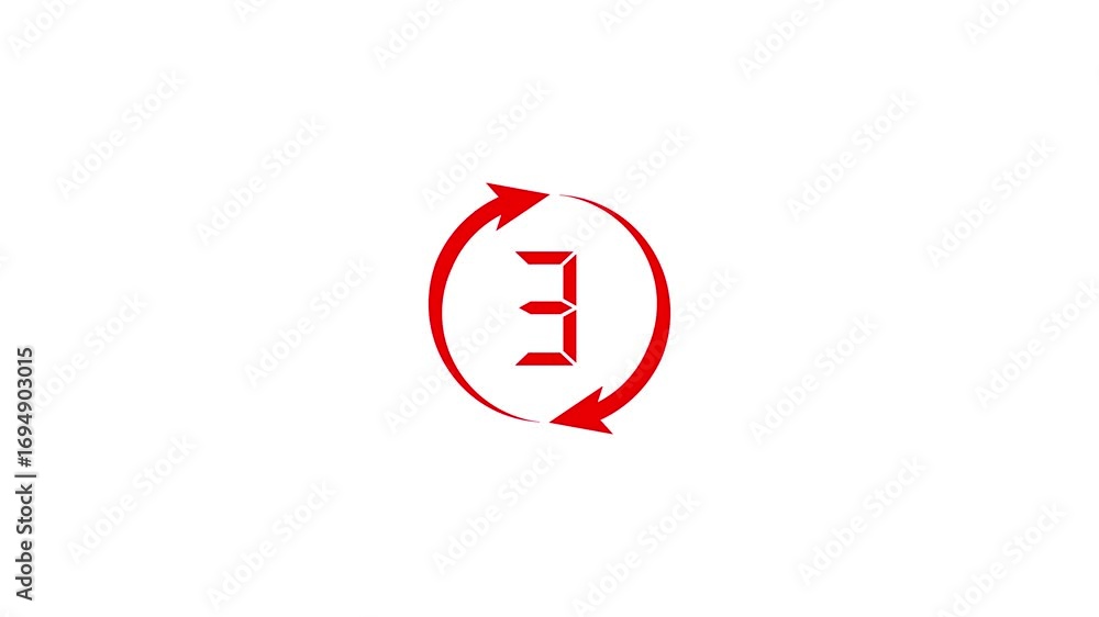 Poster red circular arrows pointing clockwise around a digital number counting three to zero on a white bac