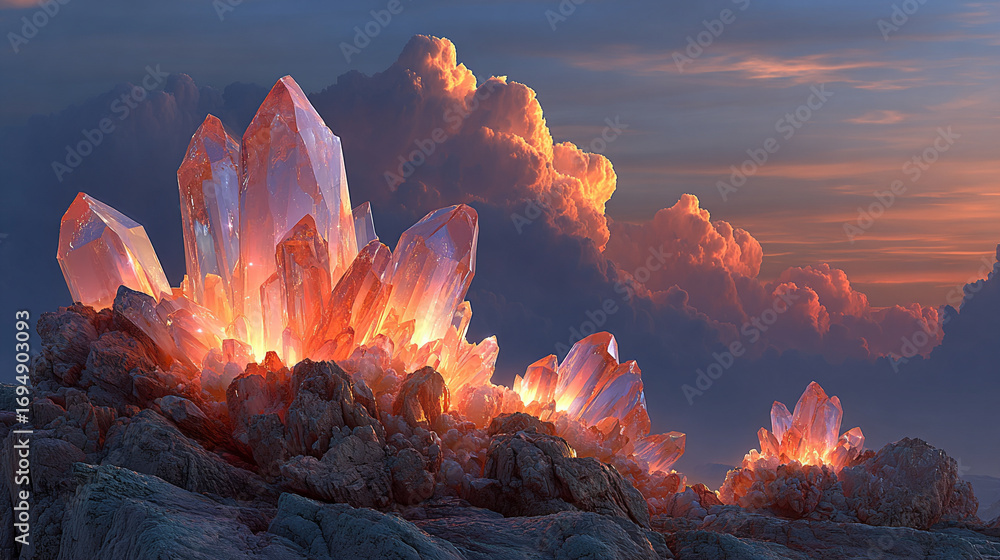 Poster glowing pink crystal formation floating within soft blue clouds creating a surreal fantasy atmospher