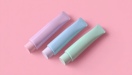Fototapeta premium Three pastel-colored tubes of cosmetic product on a pink background