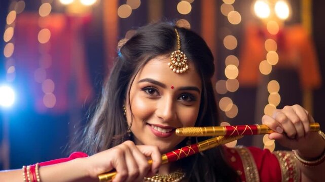Beautiful Indian woman in festive traditional attire performing garba with golden dandiya sticks during Navratri night cultural celebration
