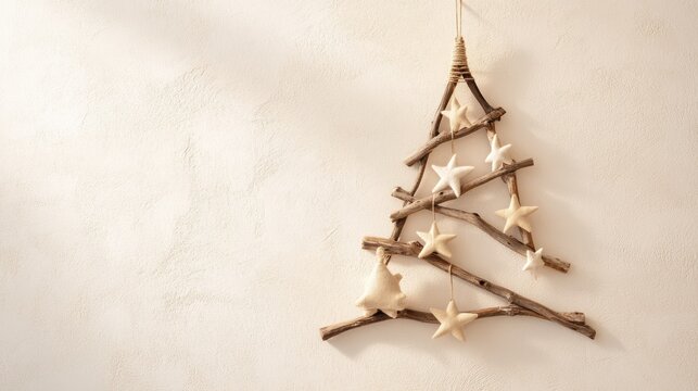 Minimalist rustic driftwood christmas tree with star decorations on neutral background - Powered by Adobe