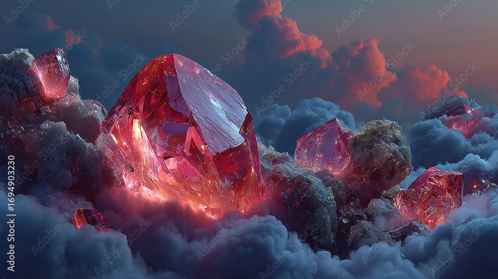 Poster glowing pink crystal formation floating within soft blue clouds creating a surreal fantasy atmospher