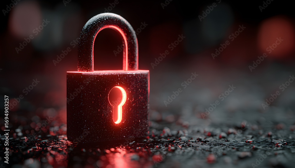 Poster cybersecurity digital data protection concept with gowing red shield and secur padlock symbol repres