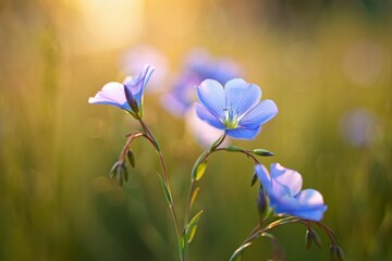 A Beautiful Close-up of Delicate Blue Flowers Illuminated by Soft Sunshine in a Lush Green Field, Capturing Nature's Splendor and Serenity