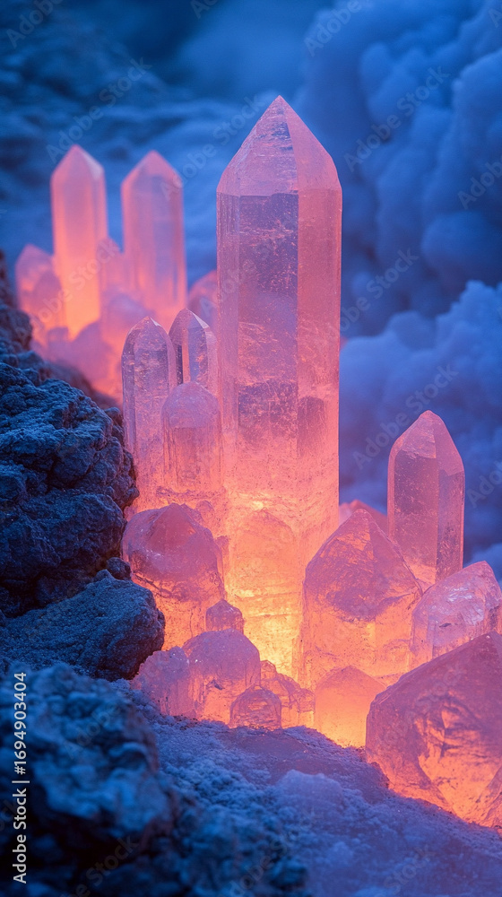 Poster glowing pink crystal formation floating within soft blue clouds creating a surreal fantasy atmospher