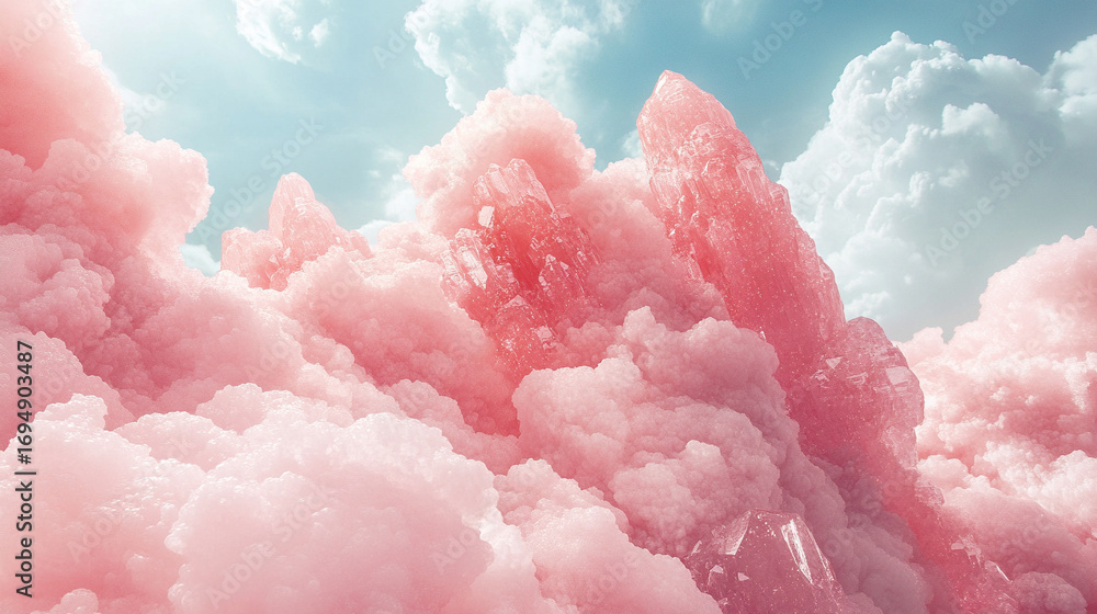 Aufkleber glowing pink crystal formation floating within soft blue clouds creating a surreal fantasy atmospher