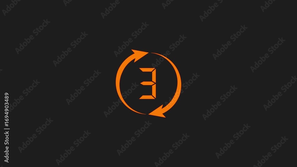 Aufkleber orange number counting three to zero inside a circular arrow icon on a dark background