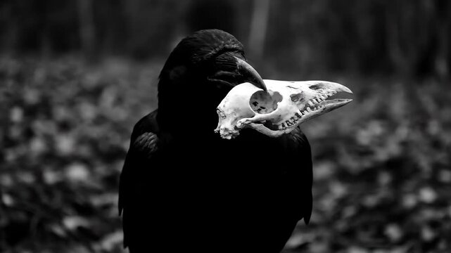 Raven Holding Skull in Monochrome - A black and white video of a raven holding a small animal skull in its beak.