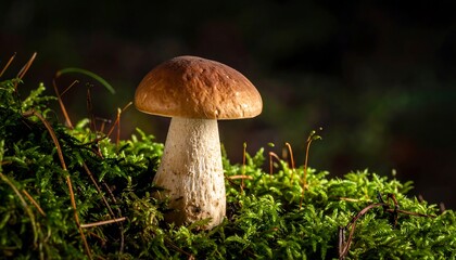 A solitary mushroom, rich brown cap atop a tall, white stem, rests amongst vibrant green moss, bathed in soft, natural light.
