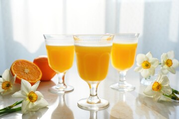 Refreshing Orange Juice in Elegant Glasses Surrounded by Fresh Oranges and Blooming Flowers, Perfect for Brightening Any Morning or Celebration