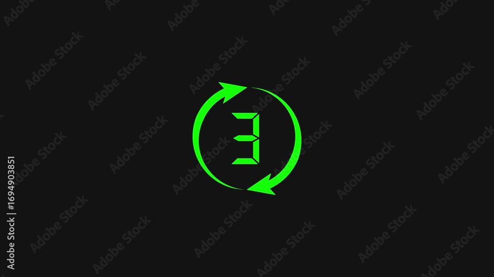 Poster green digital number counting three to zero inside a circular arrow symbol on a black background