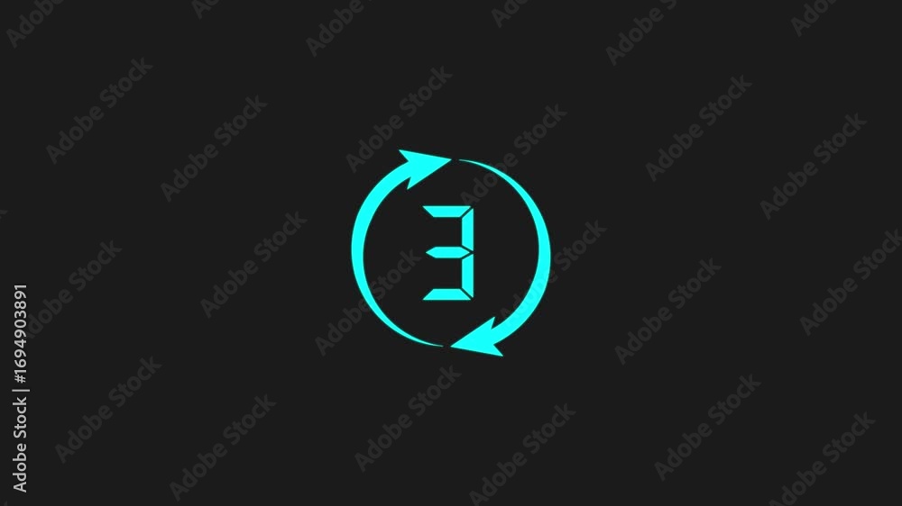Poster digital number counting three to zero inside a cyan circular arrow indicating rotation or refresh on