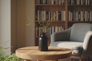 Elegant black vase with green branches on a round table in a cozy living room