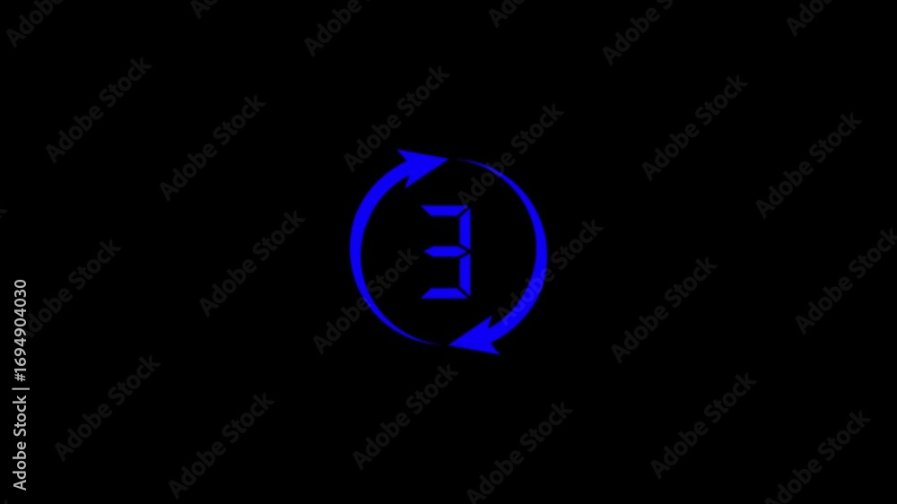 Aufkleber blue circular arrows pointing to a digital counting number three to zero on a black background