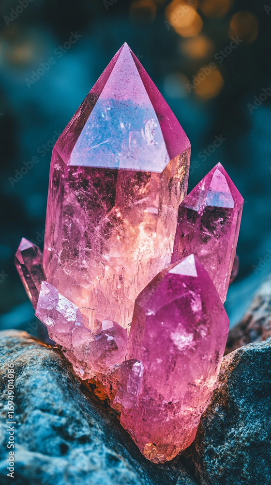 Poster glowing pink crystal formation floating within soft blue clouds creating a surreal fantasy atmospher