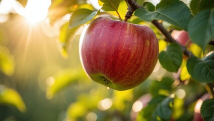 A Ripe Red Apple Hanging from a Lush Green Tree Branch Bathed in Warm Sunlight, Showcasing Nature's Beauty and Abundance in an Orchard Setting
