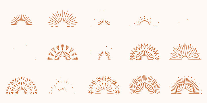 Collection of minimalist abstract sunburst and fan shapes in a warm terracotta color palette