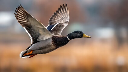 Obraz premium Mallard in flight against blurred autumnal background