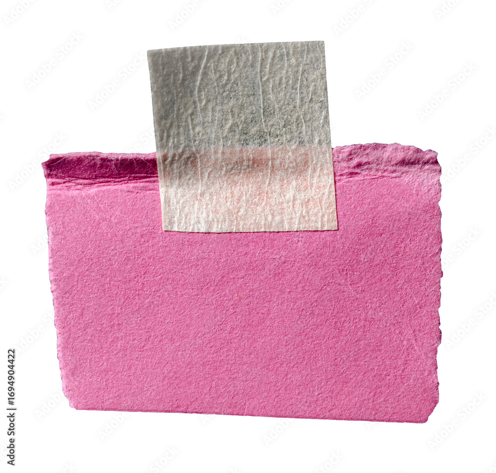 Poster pink cut out torn piece of paper note cardboard with rough texture edges and adhesive tape with copy
