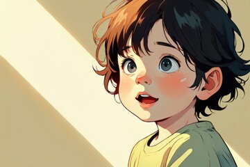 A Cheerful Child with Bright Eyes Enjoying Sunlight Filtering Through a Window, Capturing the Joy of Innocence and Wonder in a Vibrant Artwork
