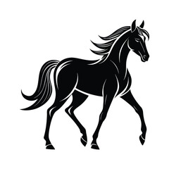 Elegant black silhouette of a powerful horse in motion with flowing mane and tail captured in a dynamic artistic illustration style