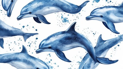 dolphins seamless pattern, watercolor illustration, white background © Songsak