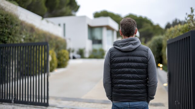 Man approaching modern house - back view of casual urban living
