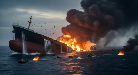Burning Shipwreck Ocean Disaster.