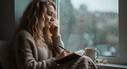 Woman writing in a journal by a window on a rainy day with a cup of coffee and flowers nearby