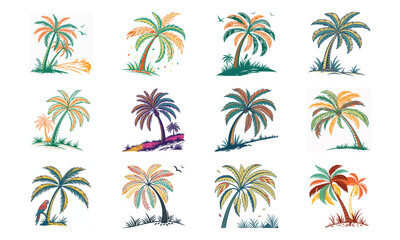 Colorful Travel Icon Set &ndash; Airport Control Tower, Binoculars, Boarding Pass, Camera, Suitcase, World Map, Mountain, Sunglasses, Backpack, Travel Guide, and Globe Vector Illustration