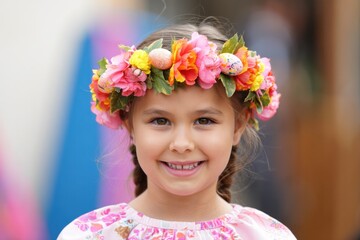 Delightful Young Girl Smiling Radiantly in a Colorful Flower Crown, Capturing the Essence of Joy and Innocence in a Vibrant Spring Atmosphere during Easter